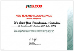 마나카우 국제위러브유 회원들이 2019년 7월 15일에 헌혈원과 헌혈을 필요로 하는 많은 사람에게 중요한 기여를 하여 뉴질랜드 혈액원이 위러브유에 감사장을 줌.