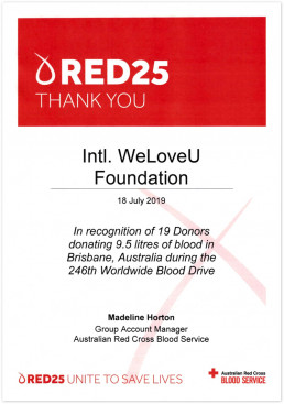 2019년 7월 18일 호주적십자사 혈액원 그룹회계관리자가 위러브유 브리즈번 지부 헌혈자들의 공로를 인정하며 수여한 감사장 사진. 
