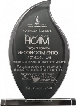 2019년 7월 24일, 카를로스 안드라데마린(HCAM) 종합병원은 국제위러브유 장길자 회장님께 자발적, 이타적, 정기적인 헌혈을 위한 협력에 대한 감사의 마음을 패에 담아 수여함.